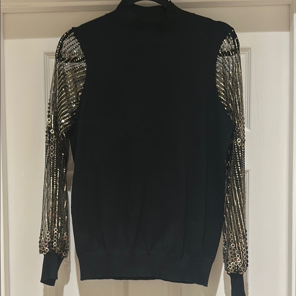 Catherine Malandrino Black Sweater with Gold Sequin Sleeves